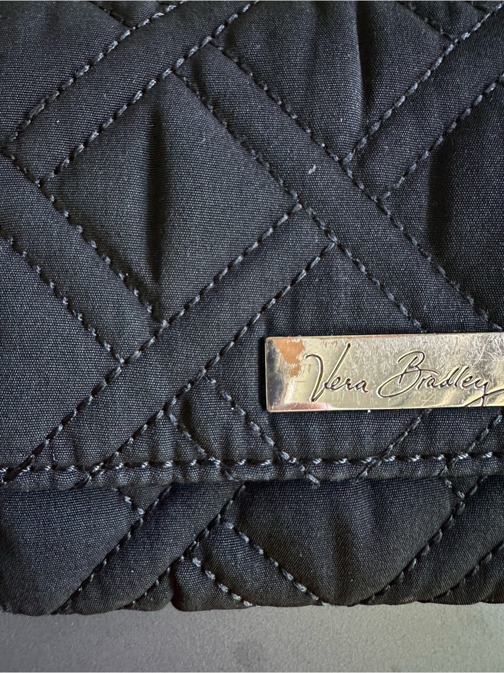 Vera Bradley Black Quilted Logo Tri-Fold Wallet Snap Closure ID Window - Picture 2 of 10